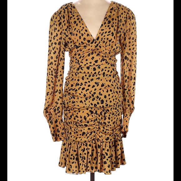 NICHOLAS Brownish/Tan Black 100%Silk Leopard Print Gathered Ruffle Frill Dress 4 - Picture 4 of 16